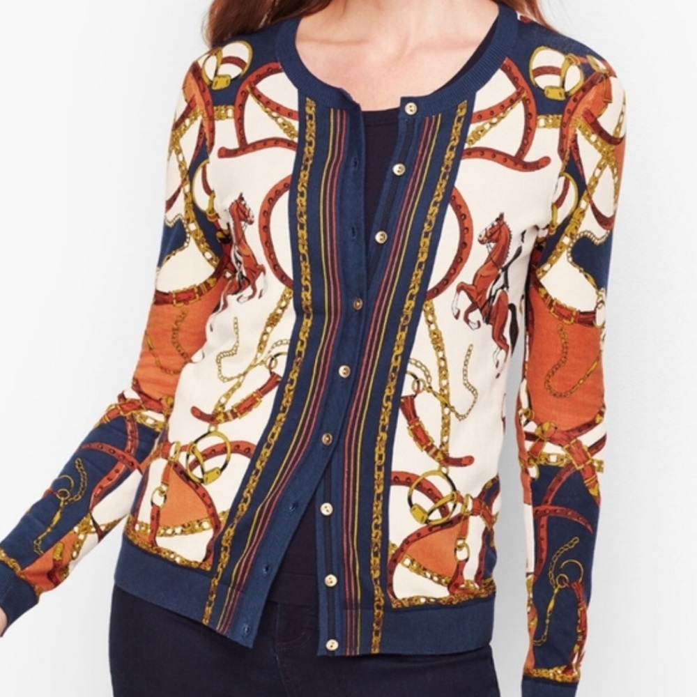 Talbots Charming Equestrian Medallion Belt Cardigan Sweater